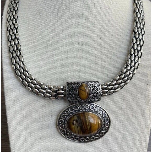 Vintage Tiger's Eye Silver Tone Women’s Necklace Chain 2 Pendants Elegant Sz 22” - Picture 3 of 14